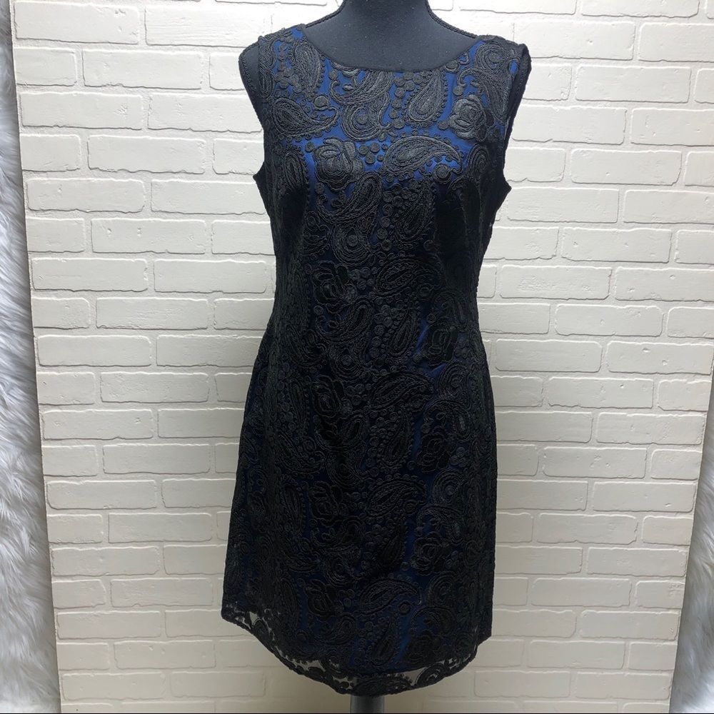 NWT Elegant Kay Unger Blue Black Paisley Lace Sz 4 A-Line Dress $440